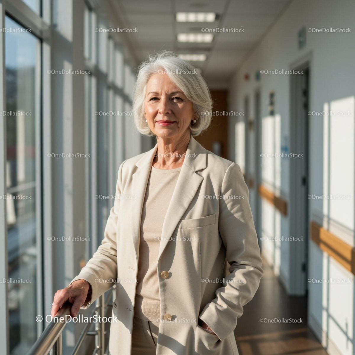 Confident Senior Woman Standing in Bright Modern Office Corridor