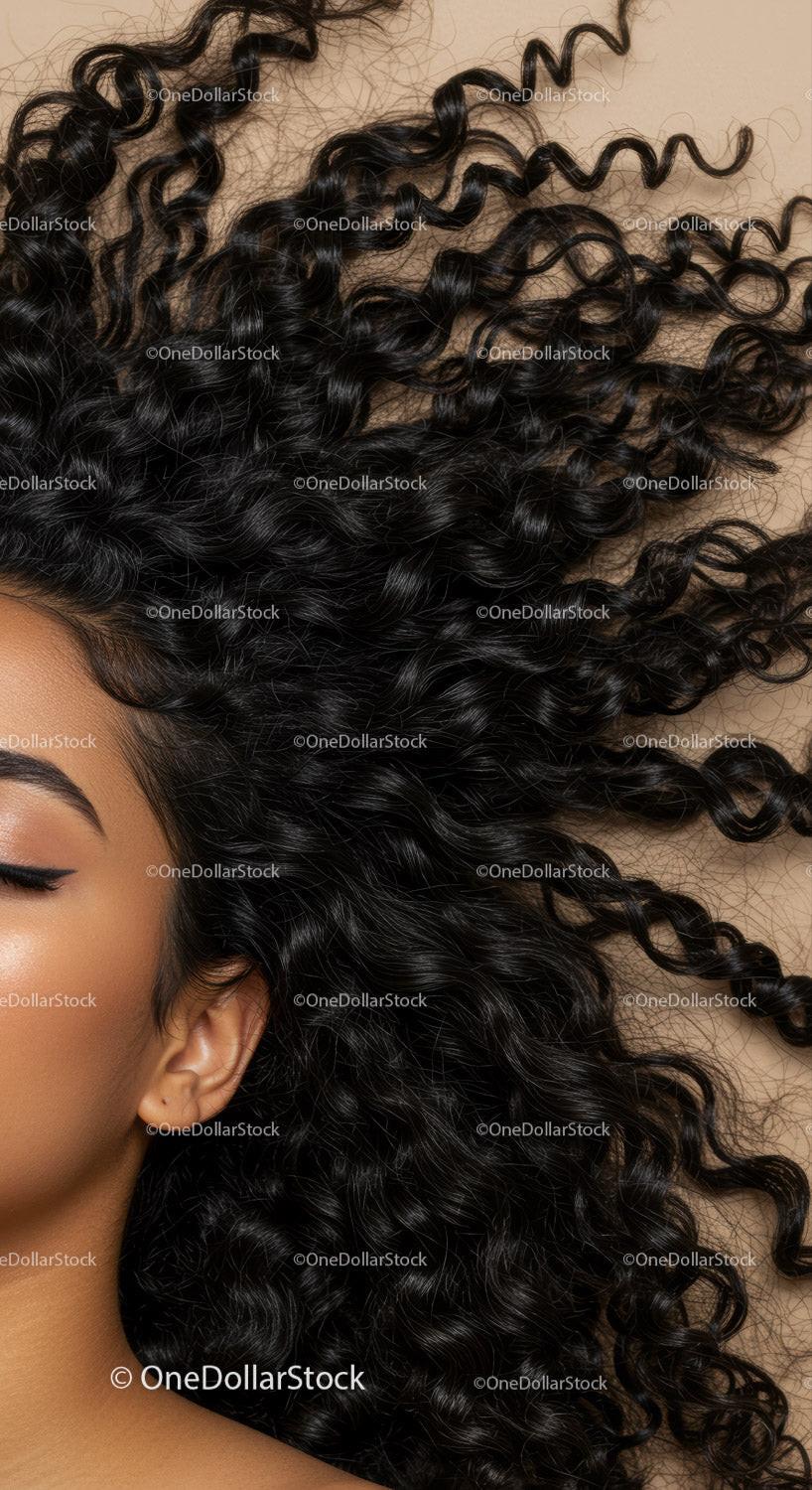 Close up of a woman with curly hair and glowing skin