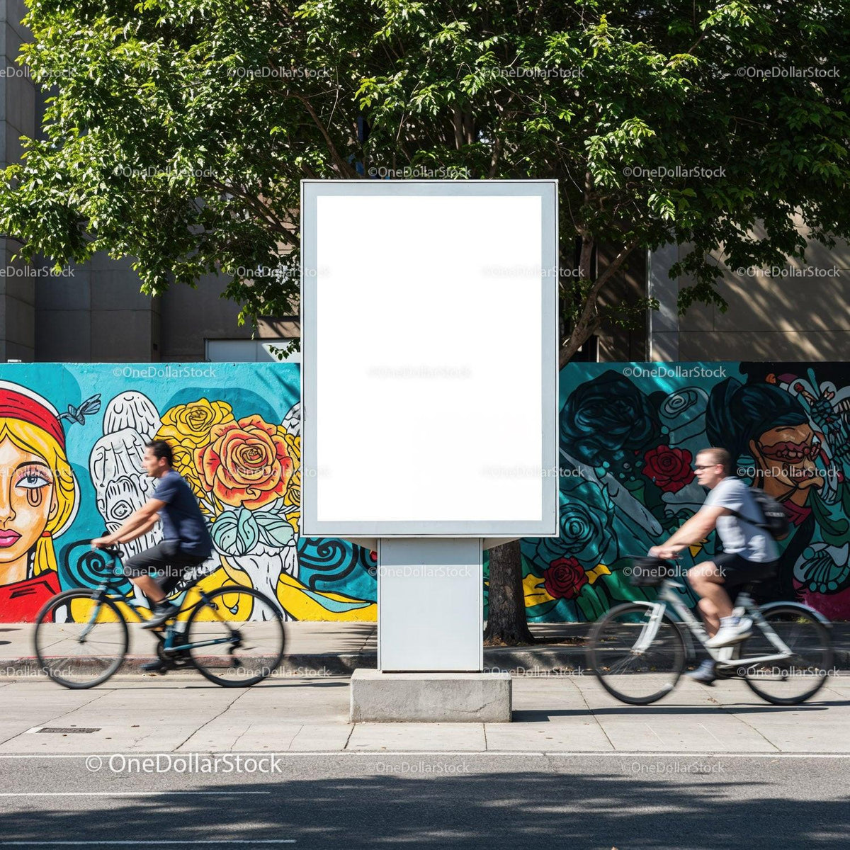 Urban street scene with blank billboard and cyclists JPG Mockup Image preview