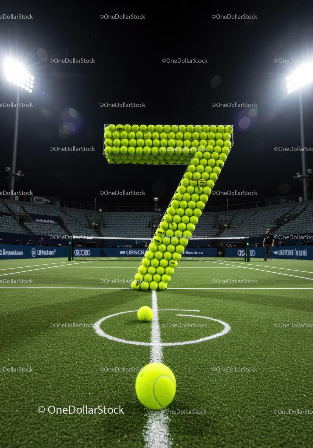 Giant Number Seven Made of Tennis Balls on Court