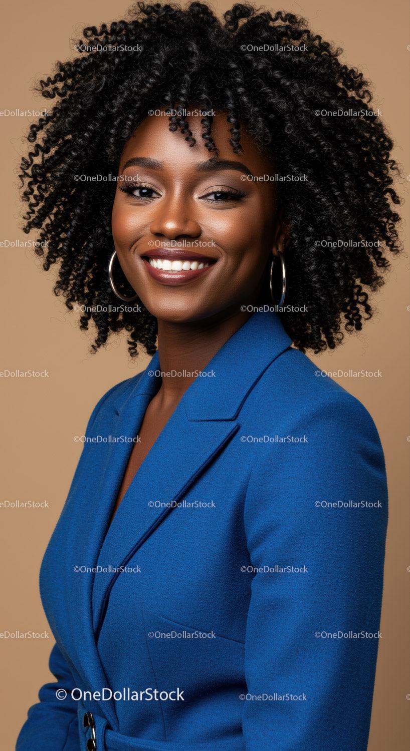 Elegant African American Woman in Blue Blazer Portrait for Business