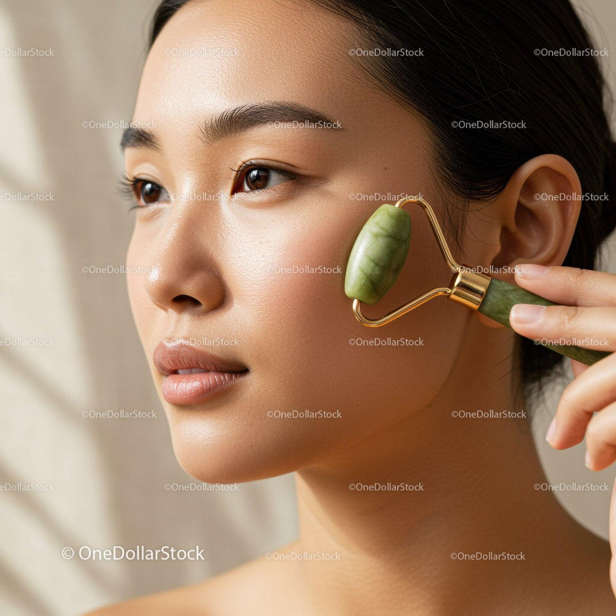 Close-Up of Woman Using Jade Roller for Facial Massage and Skin Rejuvenation