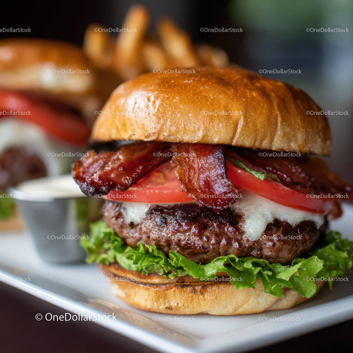 Gourmet Beef Burger with Crispy Bacon and Fresh Vegetables