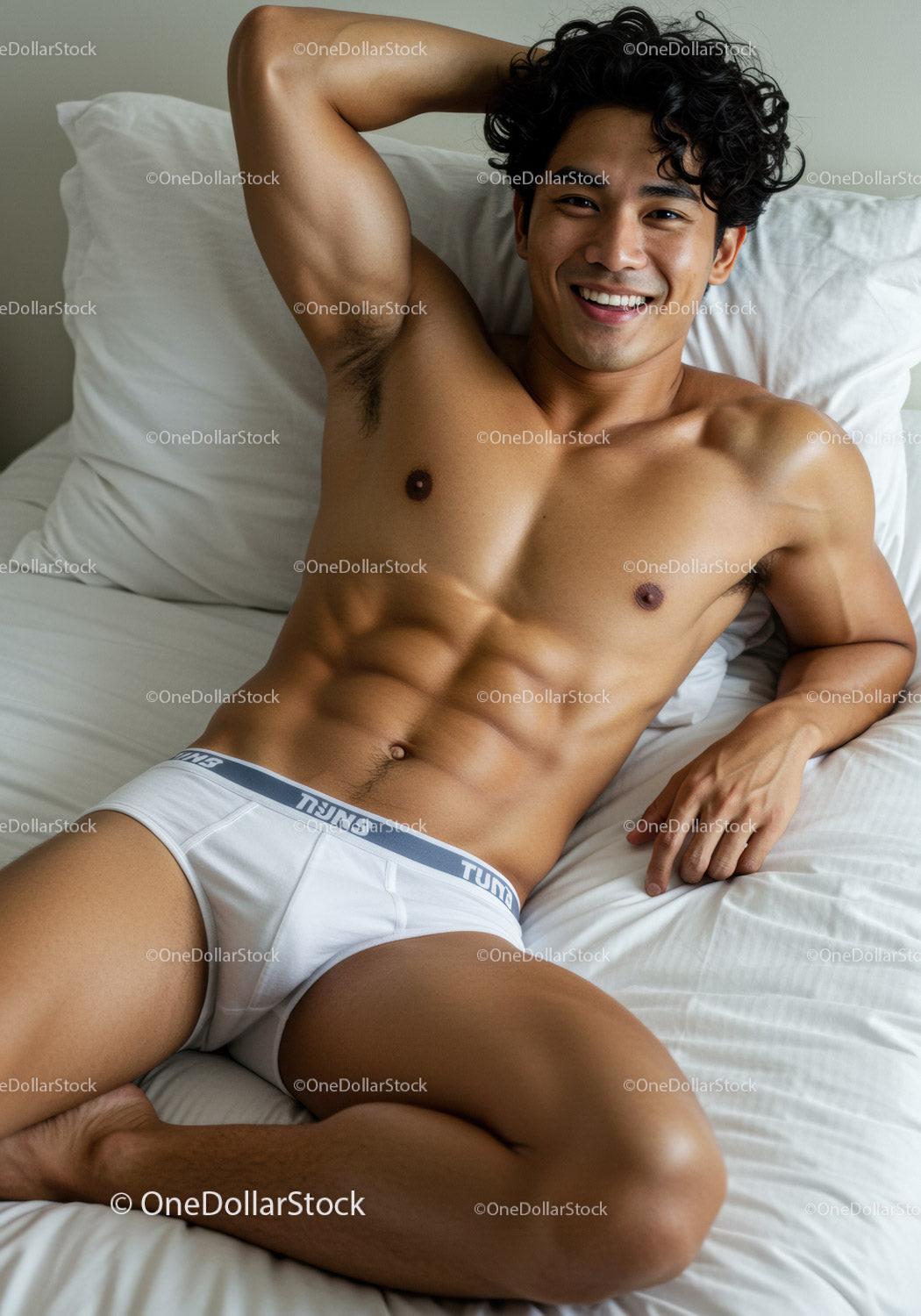 Smiling muscular man relaxing on bed in white underwear
