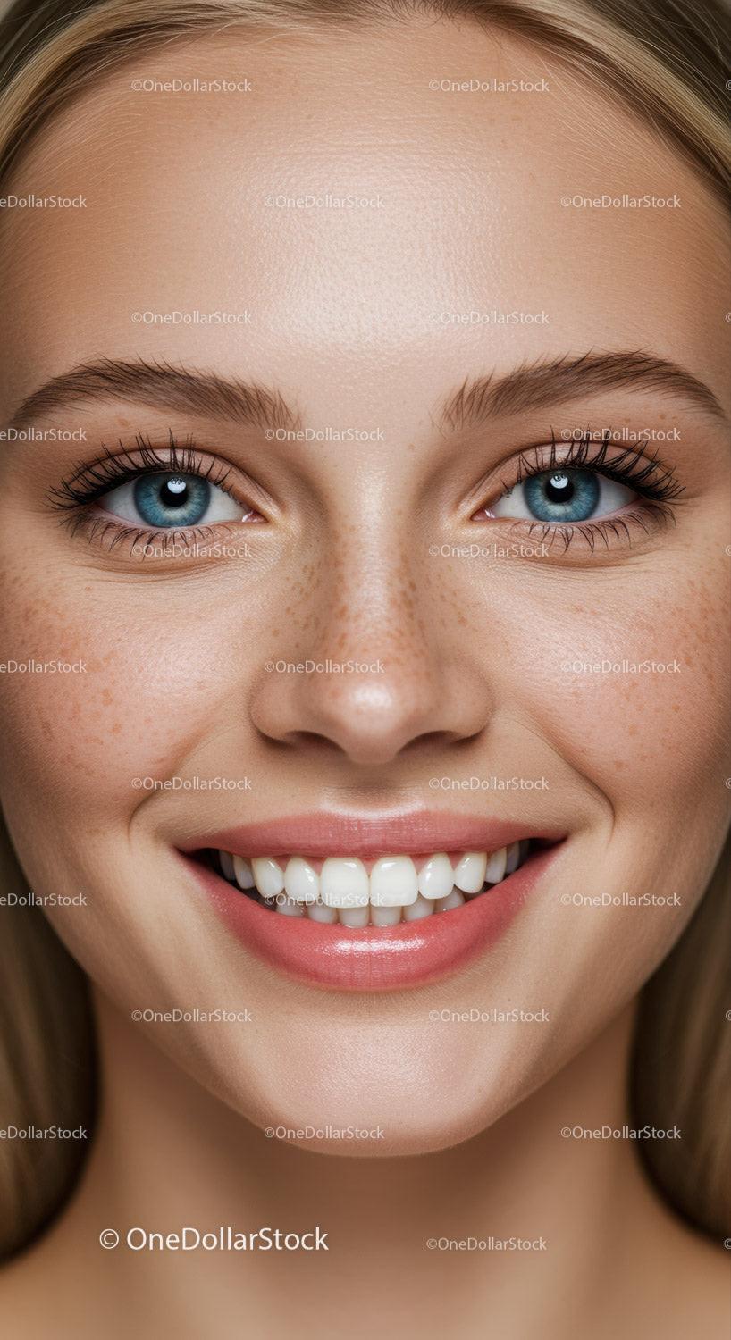 Close-up of smiling woman with blue eyes and freckles