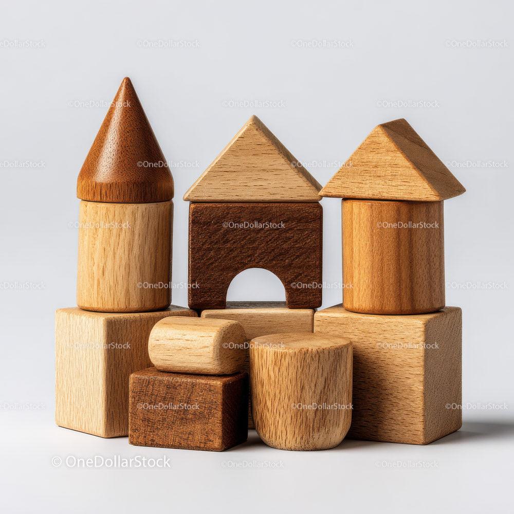 Stacked natural wooden geometric blocks including cubes, cylinders, and triangular prisms on white background