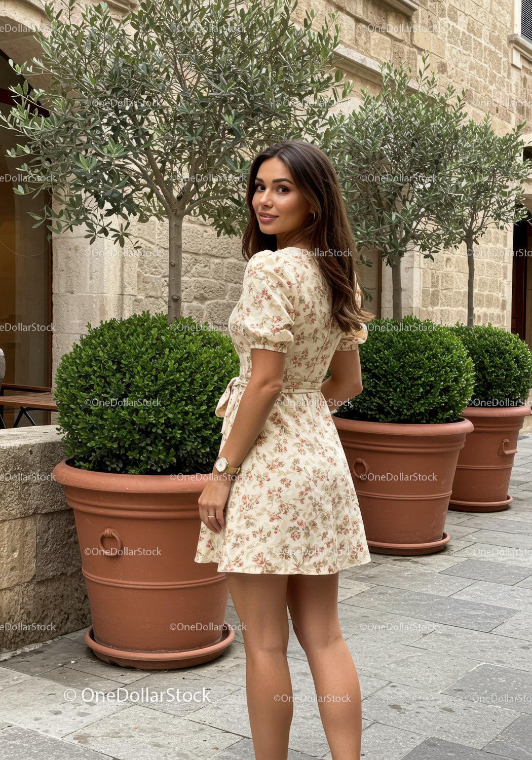 Elegant Woman in Floral Dress Posing Outdoors with Potted Foliage