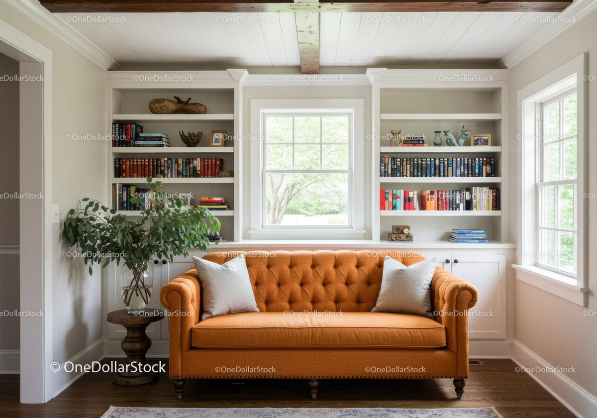 Cozy living room with orange sofa and built-in shelves