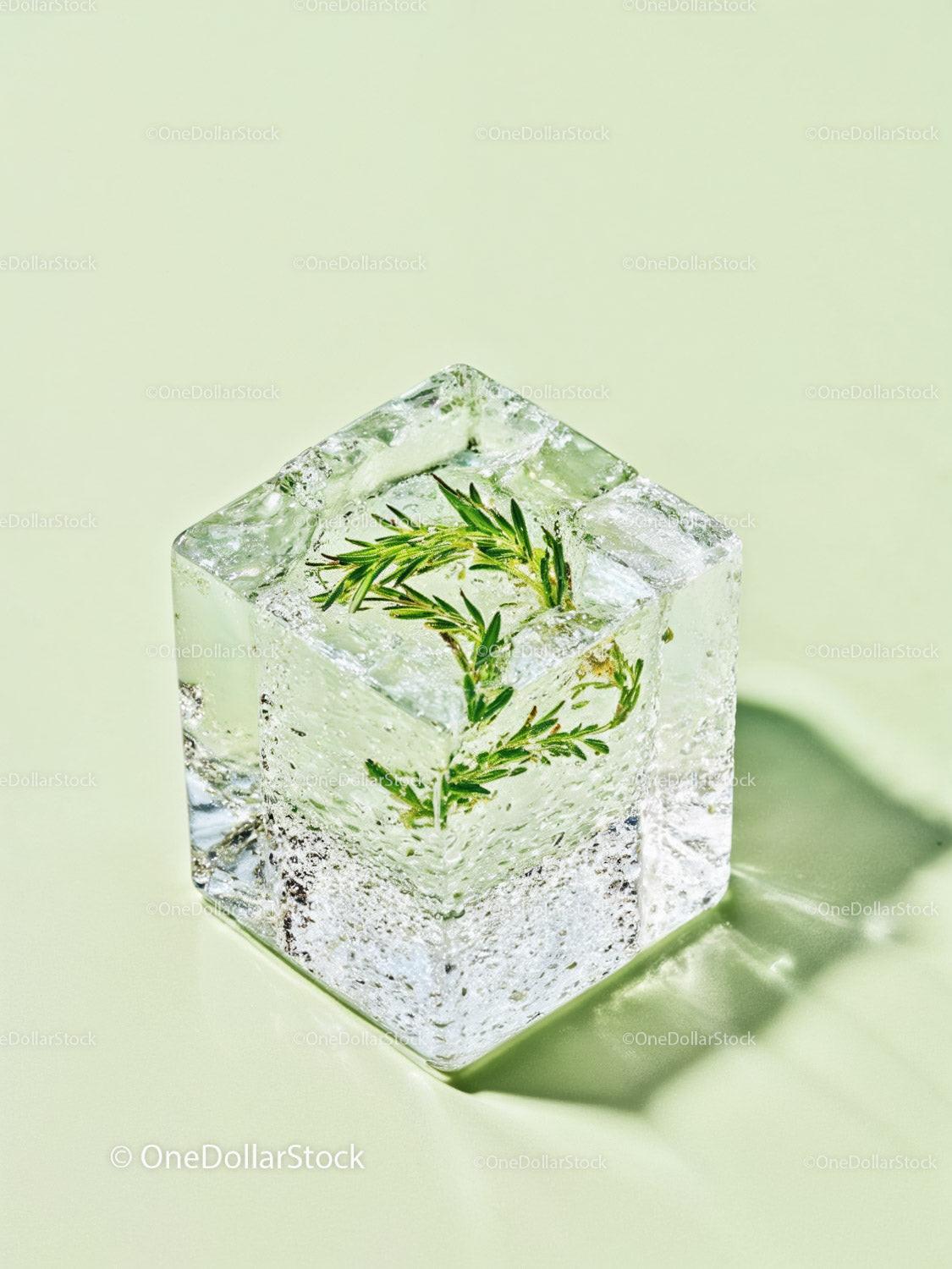 Fresh rosemary sprig frozen inside clear ice cube