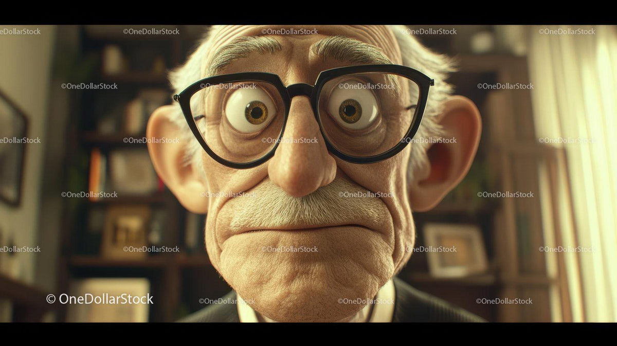 Close-up of elderly man with black glasses and white mustache indoors