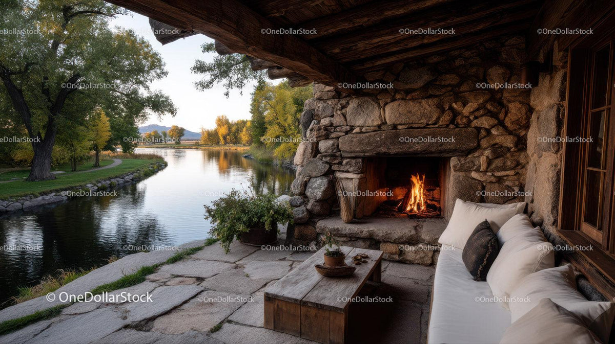 Cozy Riverside Cabin With Fireplace Overlooking Mountain Landscape Stock Photo Bundle preview 14