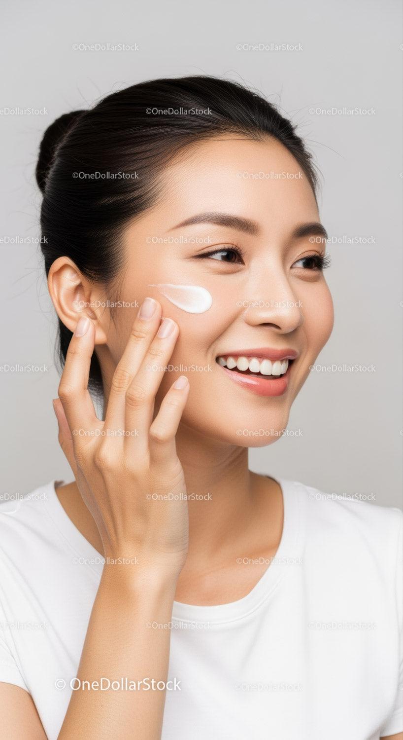 Smiling Woman Applying Skincare Cream With Healthy Flawless Skin