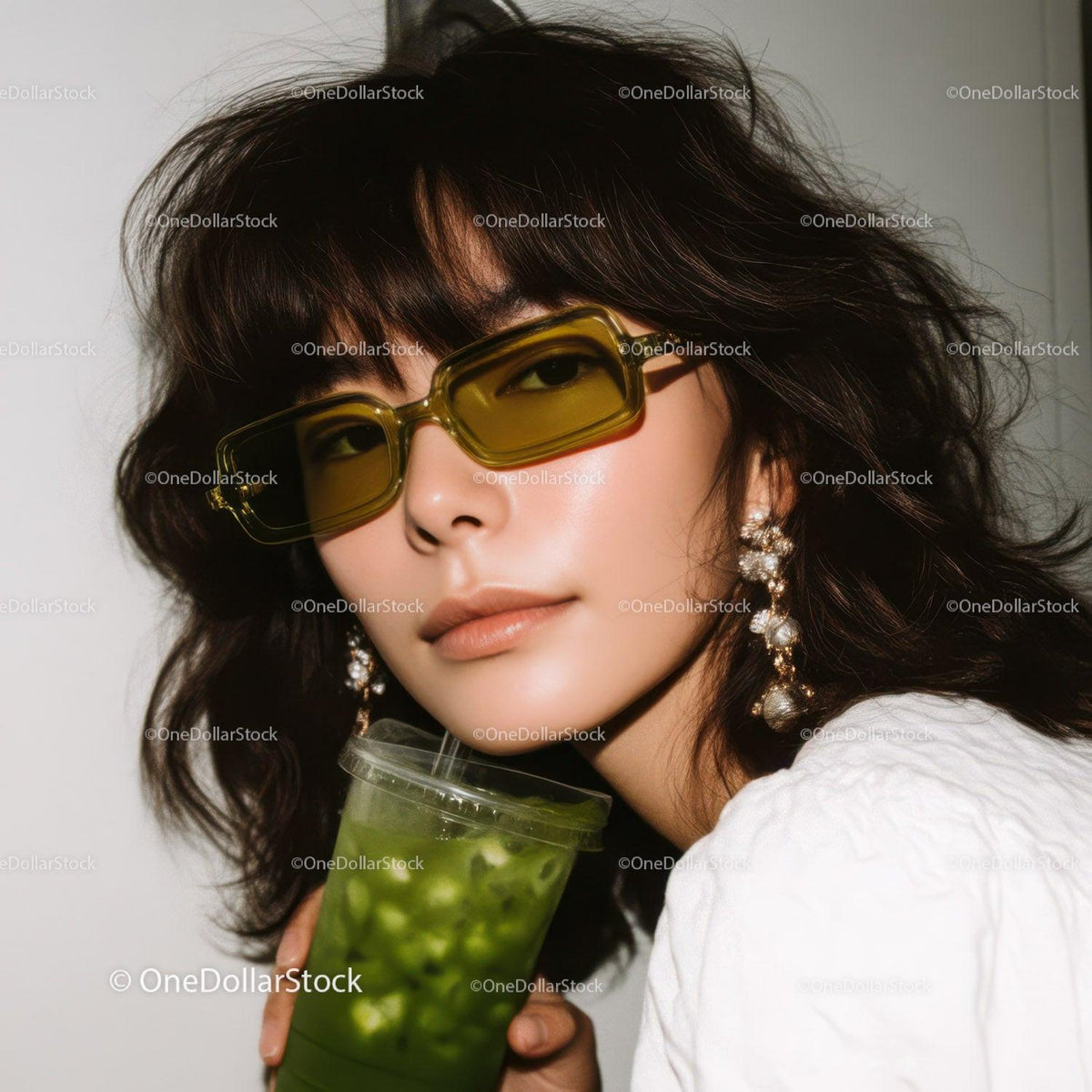 Stylish Woman Wearing Yellow Sunglasses Holding Green Drink