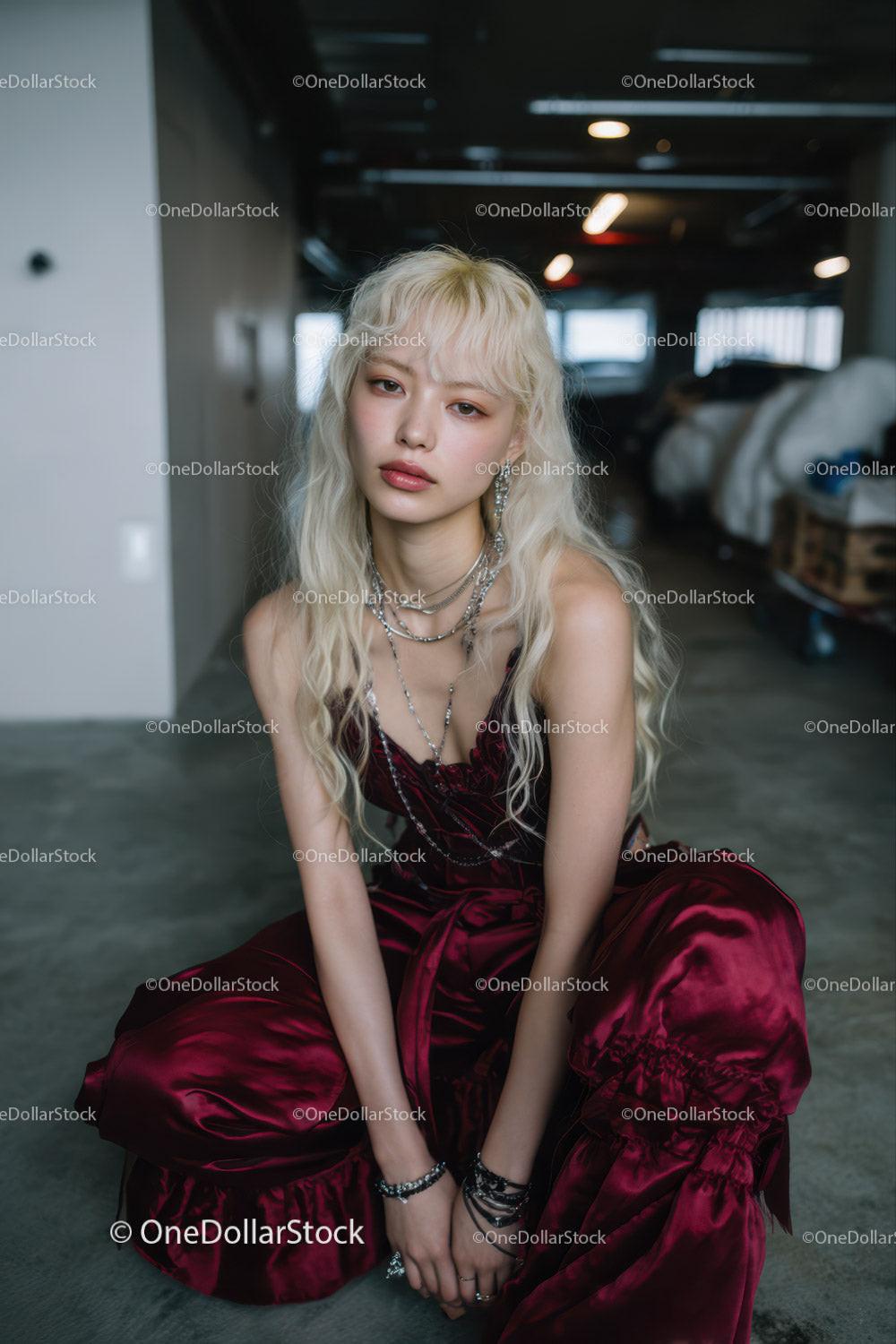 Stylish Young Woman in Velvet Dress and Silver Jewelry in Urban Setting