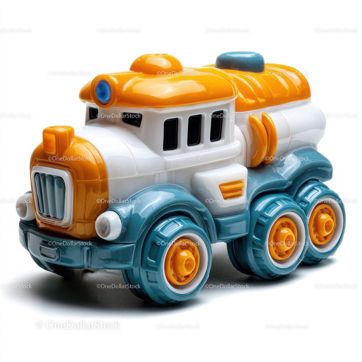 Plastic toy train engine with orange roof and blue wheels on white background