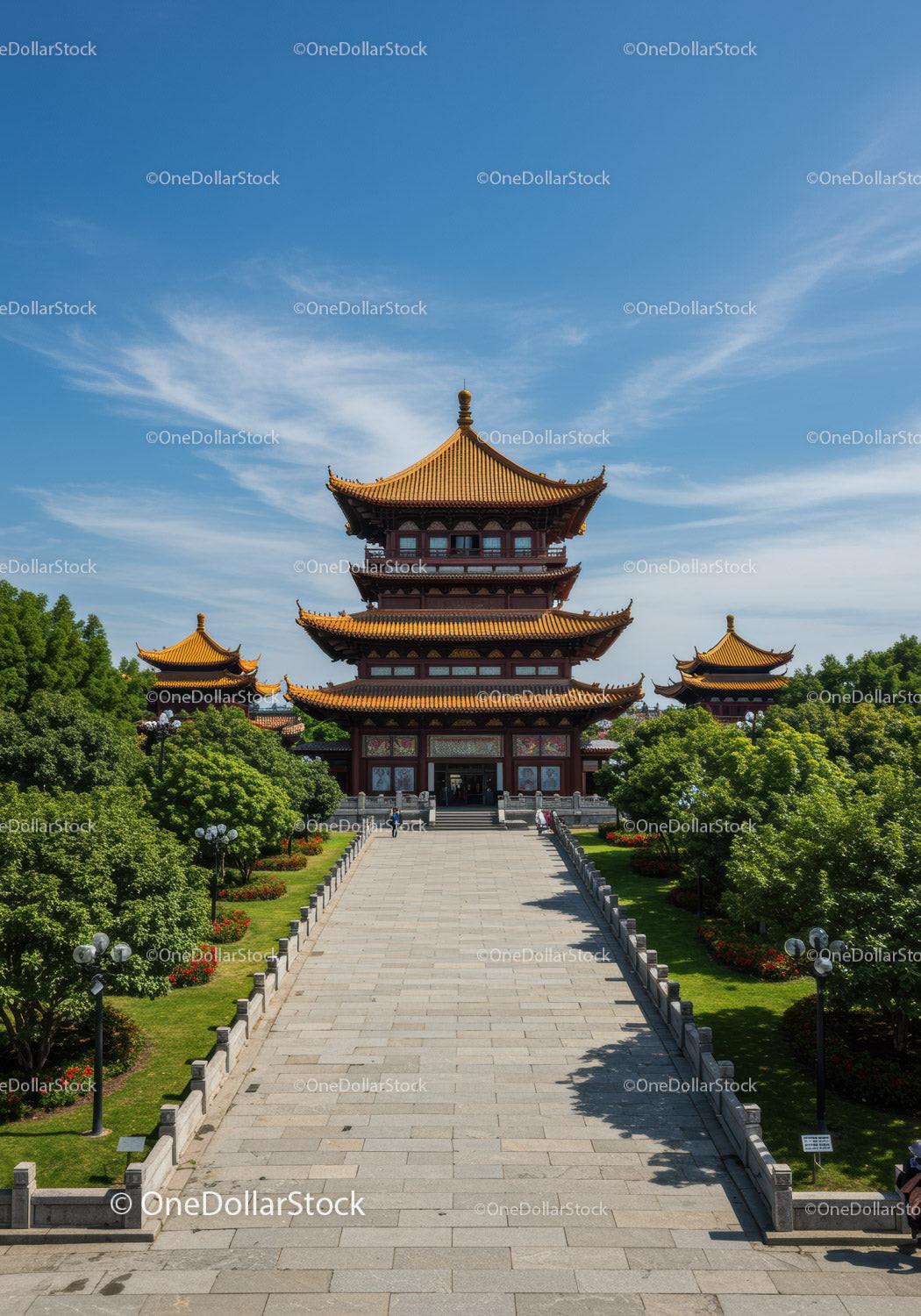 Majestic Asian Pagoda Amid Lush Greenery and Blue Sky