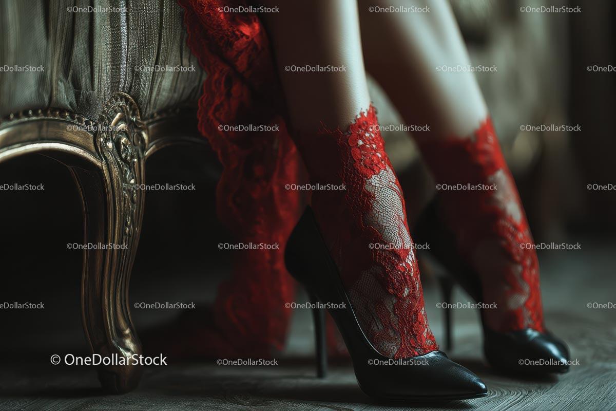 Chic Black Heels and a Red Lace Dress in a Cozy Bedroom Setting Stock Photo Bundle preview 47