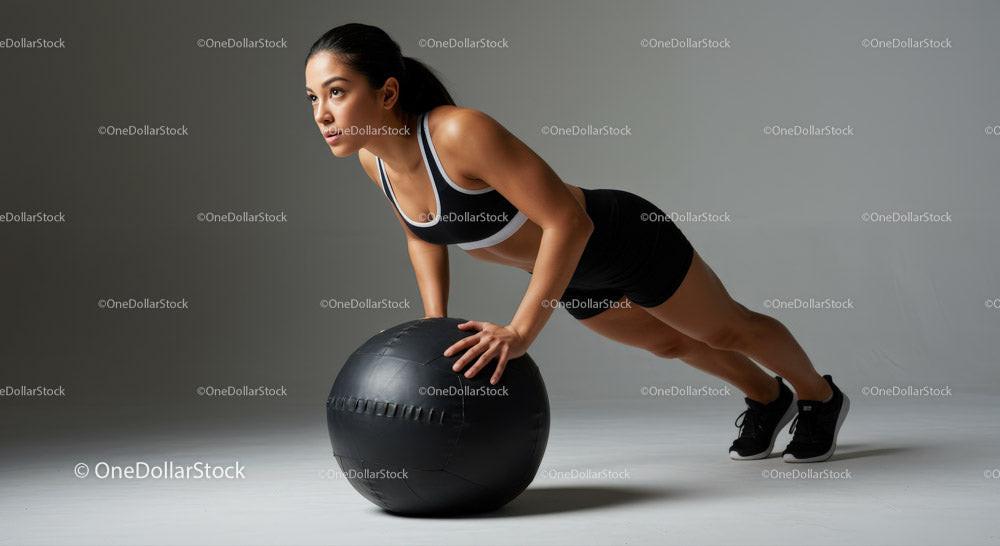 Athletic Woman Performing Push-Up with Medicine Ball in Gym