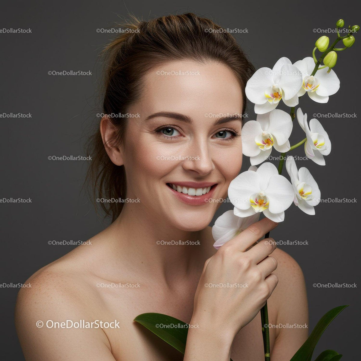 Elegant Woman with White Orchid Flowers in Close-Up Portrait