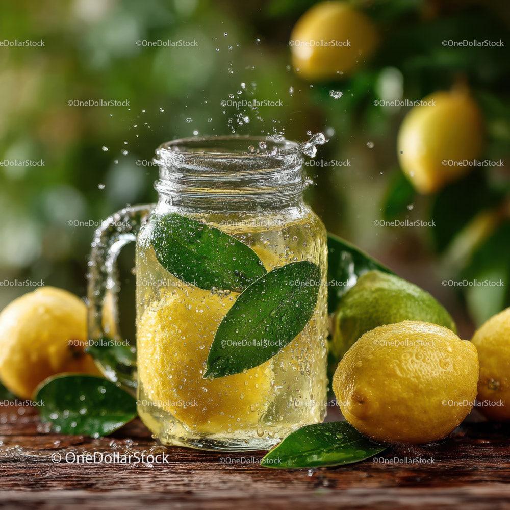 Fresh Lemonade with Sliced Lemons in a Glass Pitcher on Rustic Wooden Surface Stock Photo Bundle creative preview 4