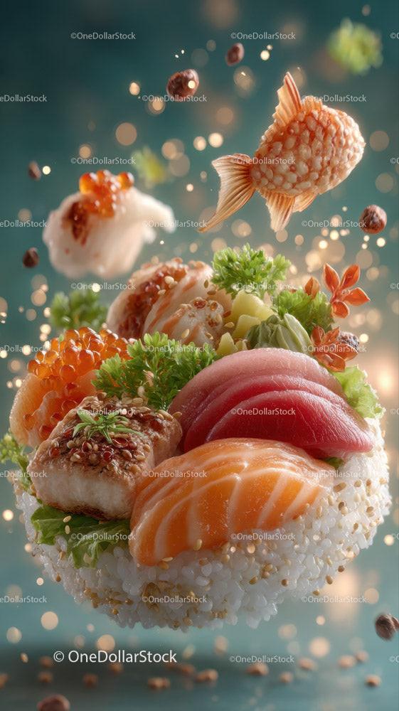 Fresh Sushi Plate with Salmon Tuna Rice Garnishes and Soy Sauce Stock Photo Bundle preview 14