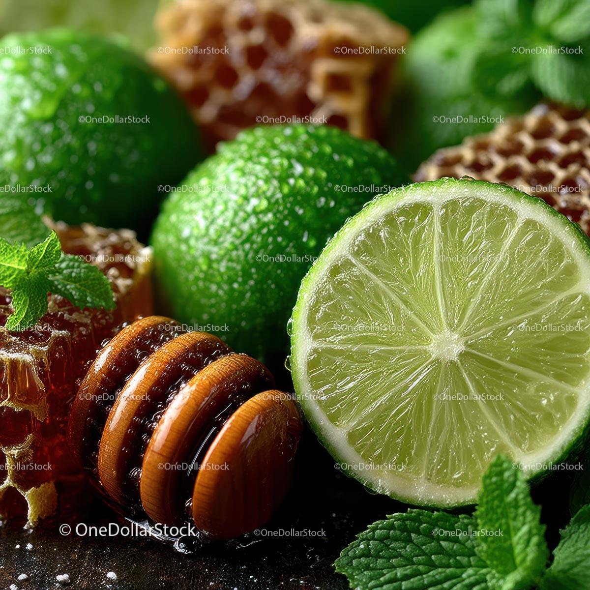 Fresh Limes, Mint Leaves and Honeycomb for Delicious Recipes Stock Photo Bundle preview 14