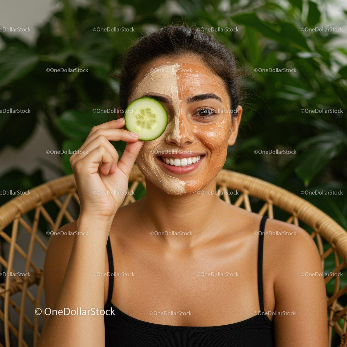 Young Woman with Cucumber Slice and Facial Mask in Natural Setting