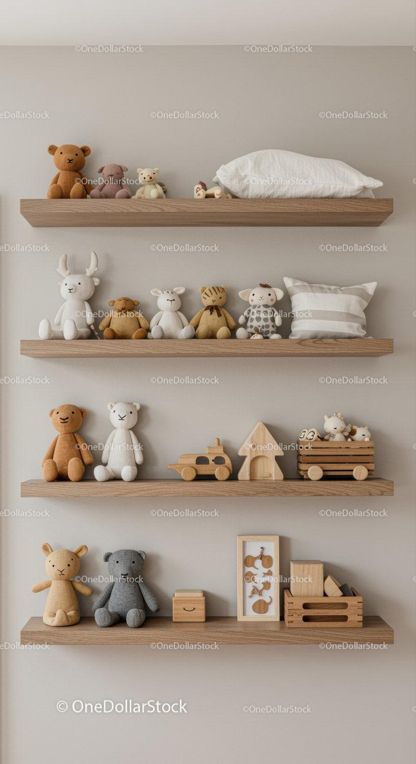 Kids Plush Toy Shelf Decor with Teddy Bears and Wooden Toys
