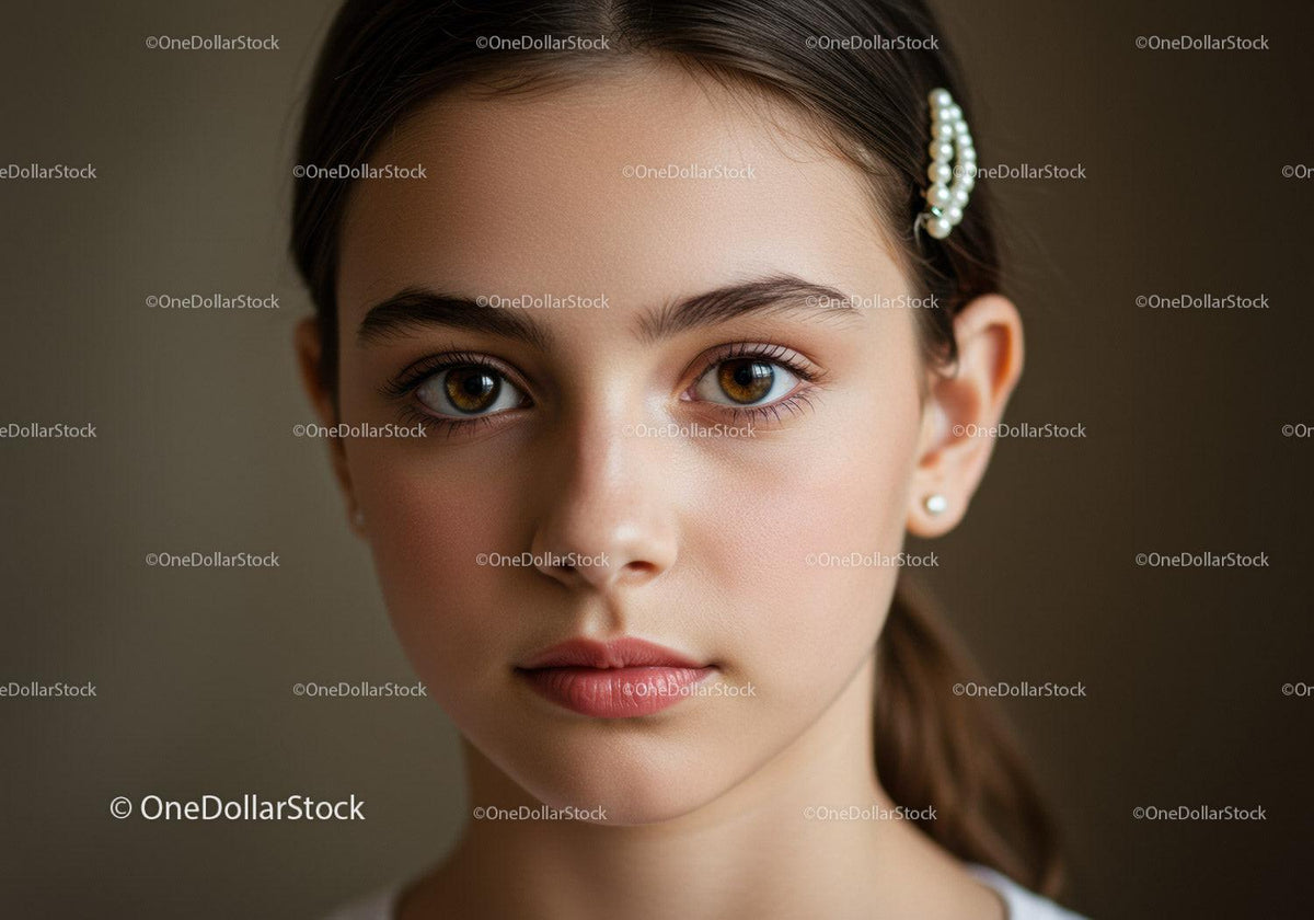 Close-Up Portrait of a Young Woman with Pearl Hair Clip and Hazel Eyes