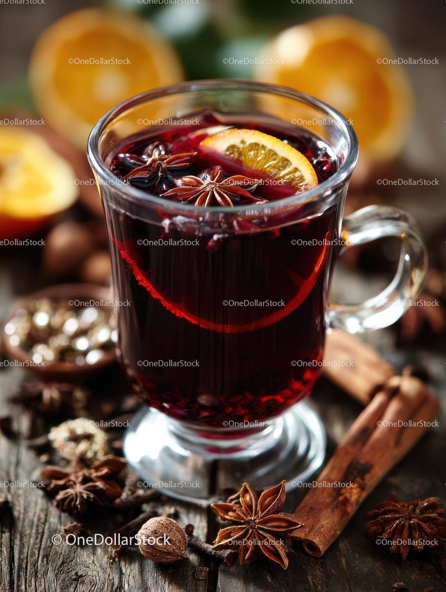 Delicious Mulled Wine with Citrus and Spices in a Glass Mug Stock Photo Bundle preview