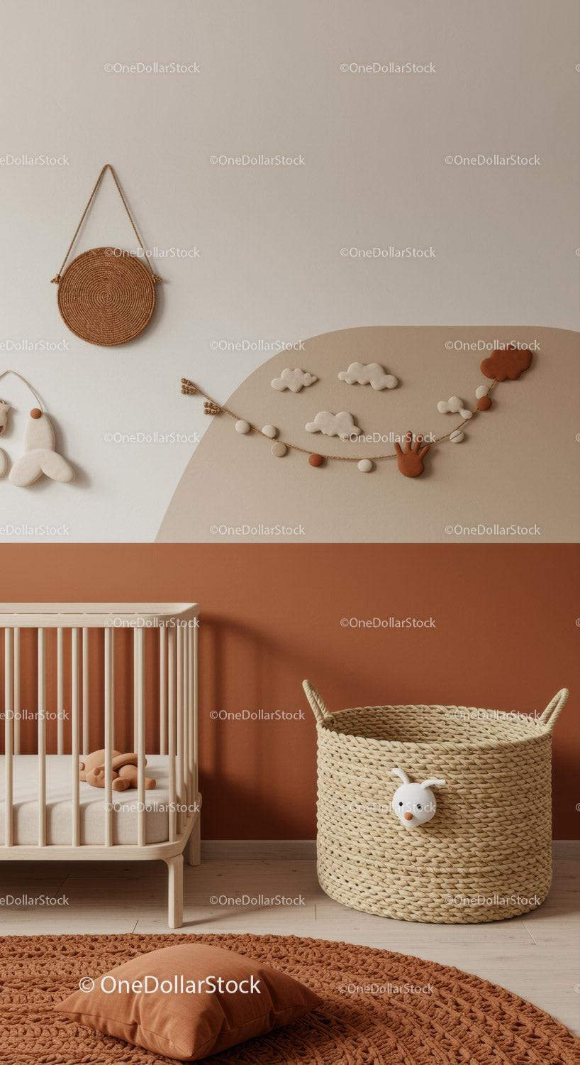 Modern Baby Nursery with Cloud Wall Art and Woven Storage Basket
