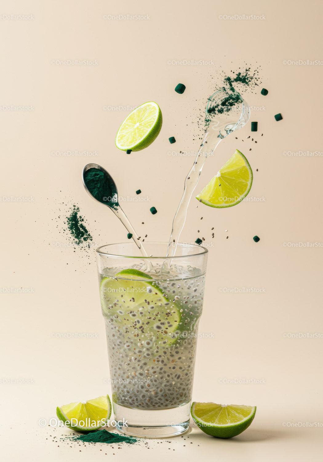 Refreshing Lime Drink with Chia Seeds and Spirulina Powder
