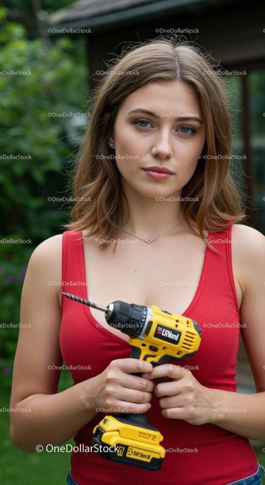 Young Woman Holding Power Drill in Garden Setting Stock Photo Bundle preview 7