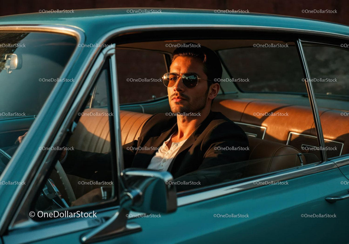 Stylish Man in Sunglasses Sitting in Classic Vintage Car at Sunset Stock Photo Bundle preview