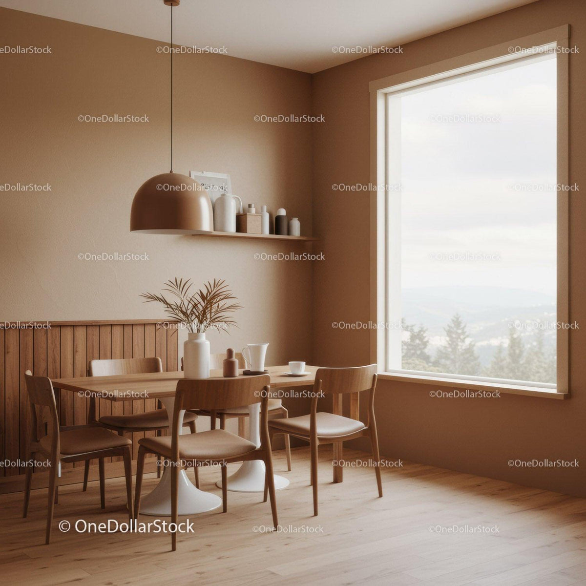 Cozy Scandinavian Dining Room with Wooden Furniture and Large Window