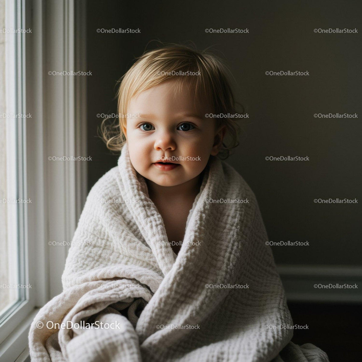 Toddler wrapped in soft blanket by window light