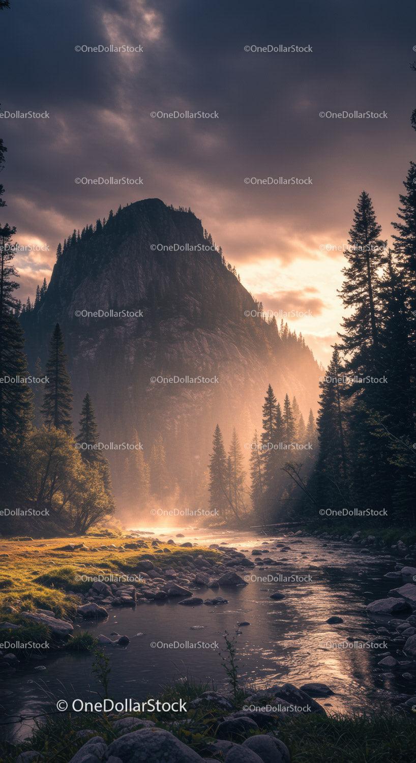 Majestic Mountain Peak with Pines and River at Sunset