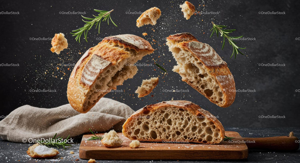 Rustic sourdough bread breaking apart with fresh rosemary