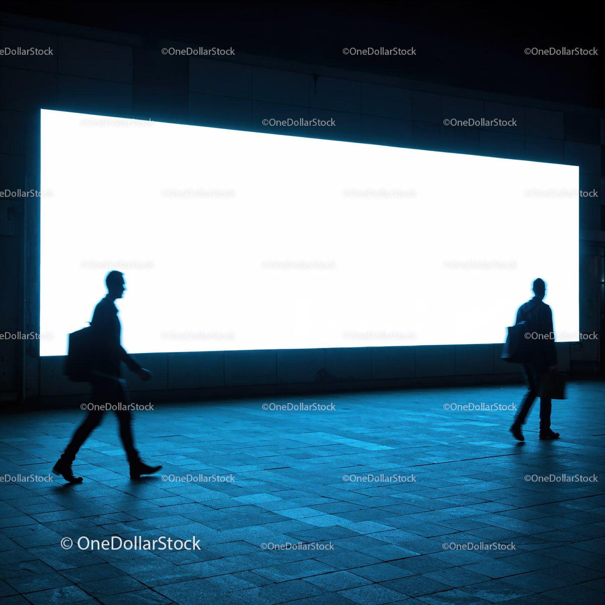 Silhouettes of Businessmen Walking Past Bright Billboard at Night JPG Mockup Image preview