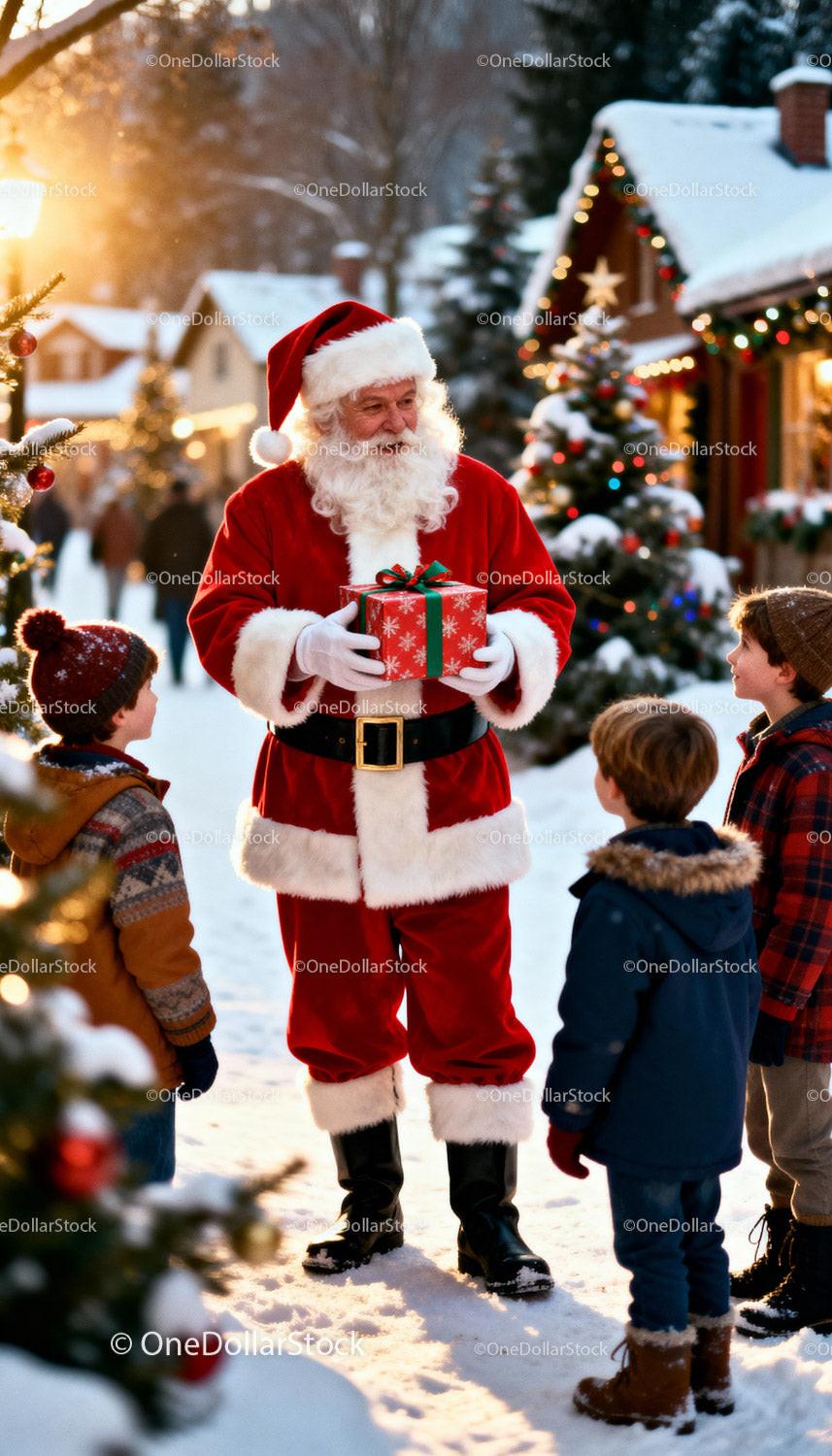 Santa Claus giving gift to children in snowy Christmas village