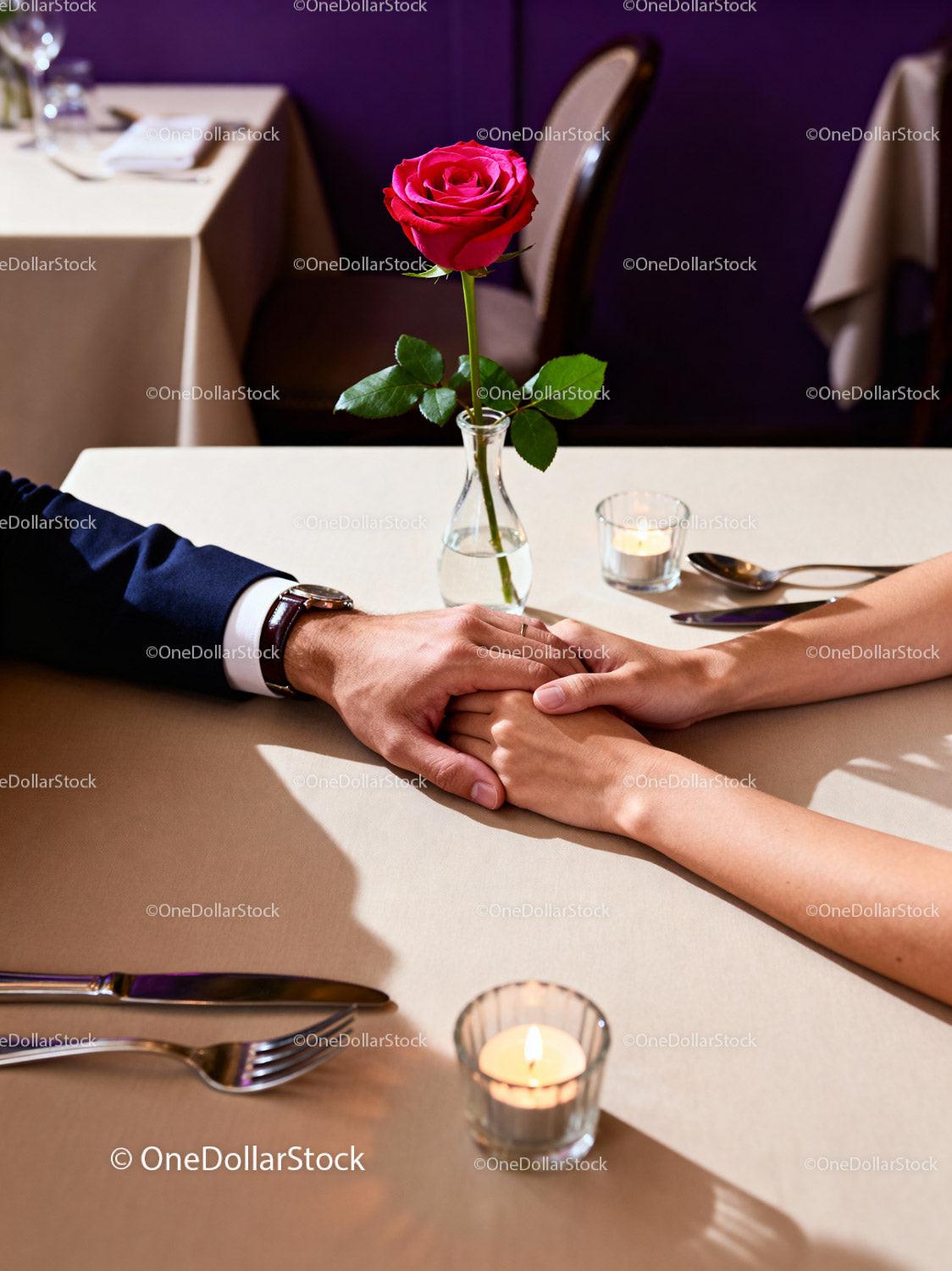 Romantic couple holding hands at candlelit dinner table