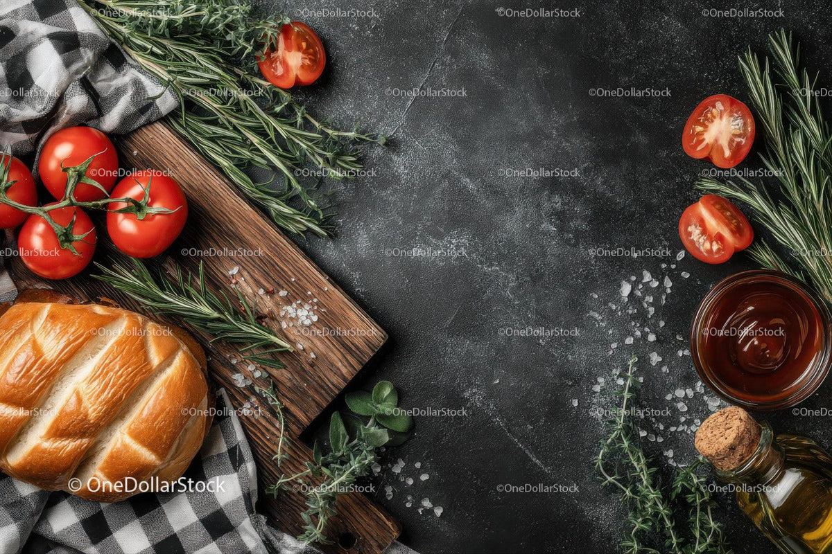 Fresh Cherry Tomatoes and Basil with Bread and Olive Oil on Rustic Board