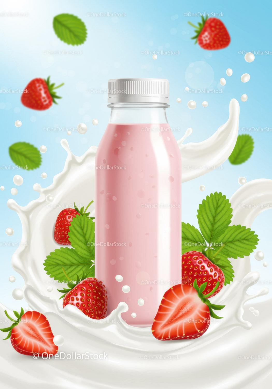 Strawberry yogurt bottle surrounded by fresh fruit splash JPG Mockup Image preview
