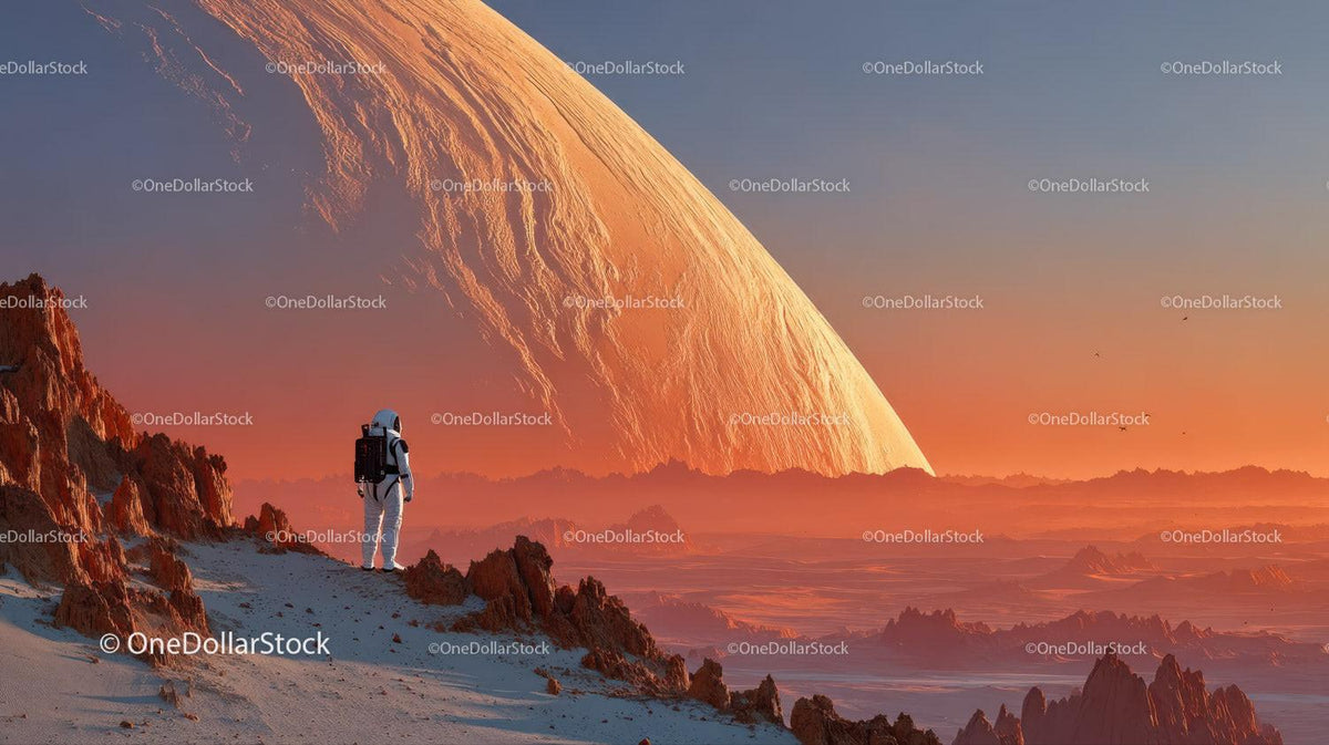 Astronaut Exploring a Surreal Alien Landscape with a Giant Orange Planet Stock Photo Bundle preview 28