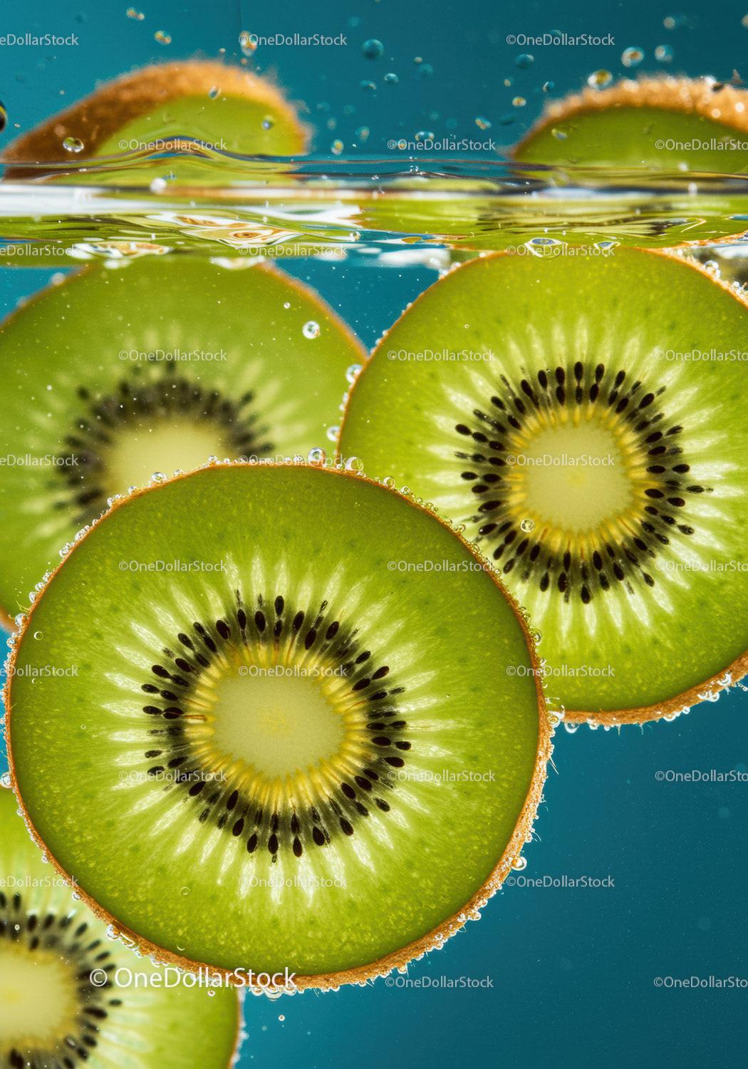 Fresh kiwi slices submerged in sparkling water