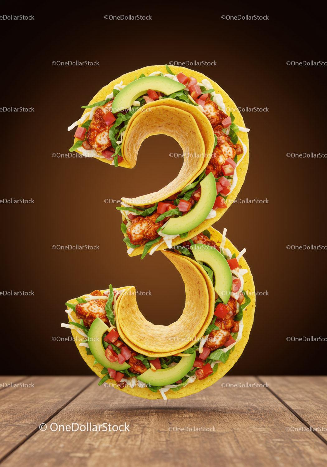 Number 3 Shaped Soft Taco with Fresh Ingredients