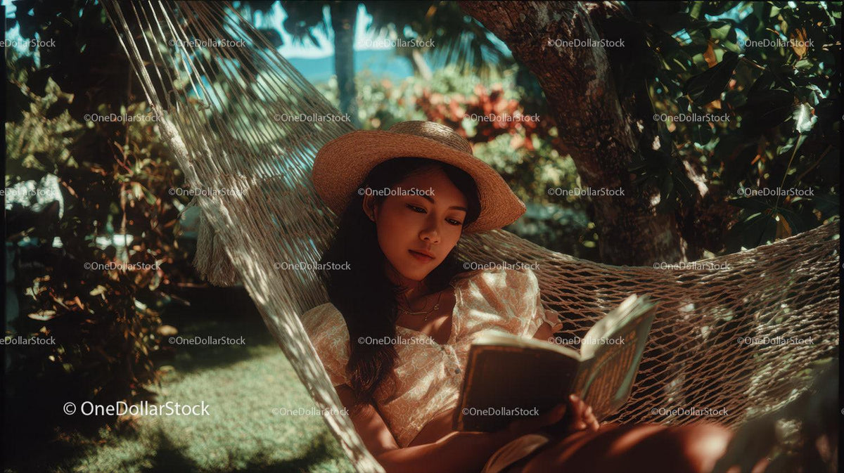 Young Woman Sitting in Hammock Reading Book in Tropical Garden