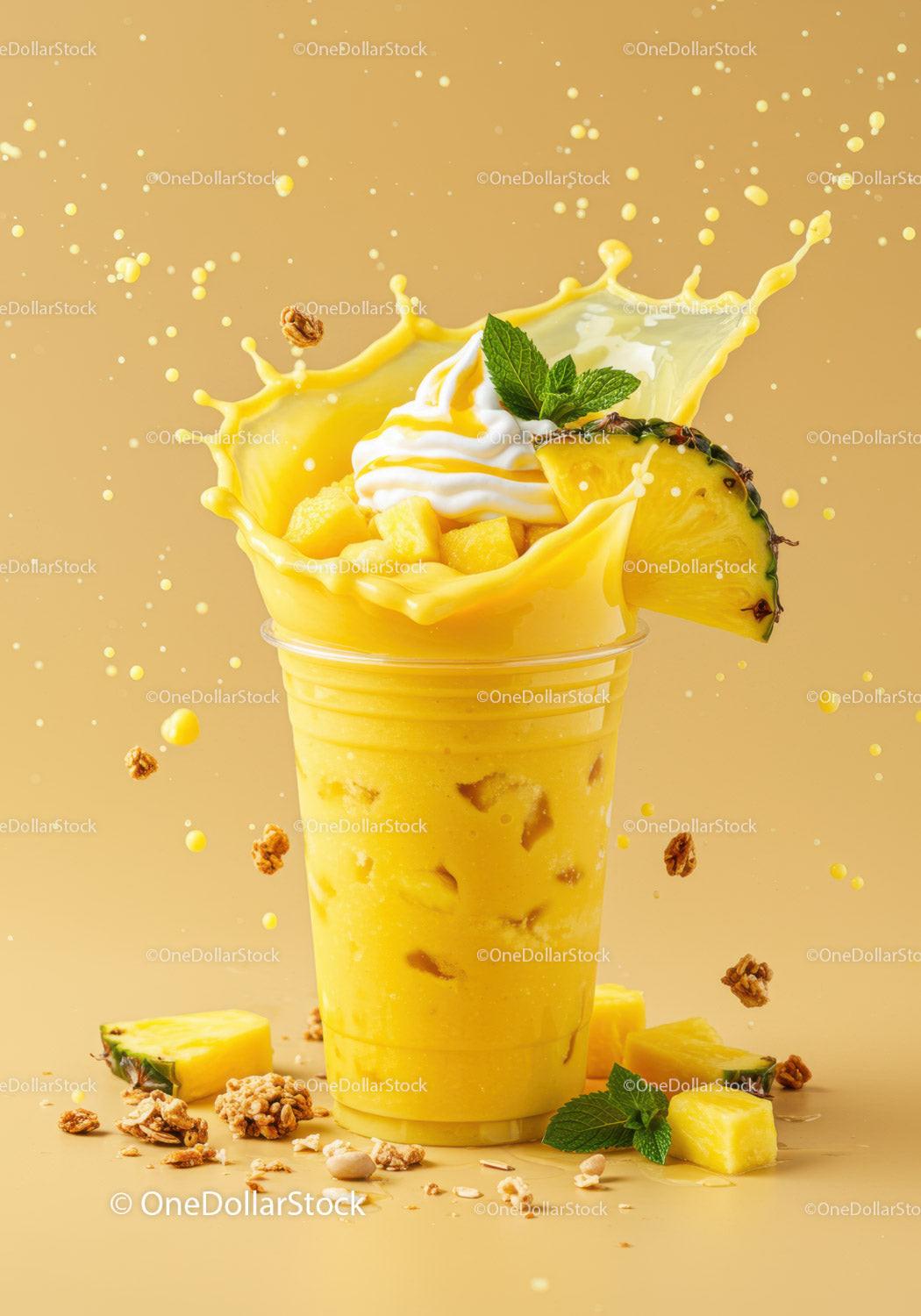 Refreshing Pineapple Smoothie with Cream and Granola Splash