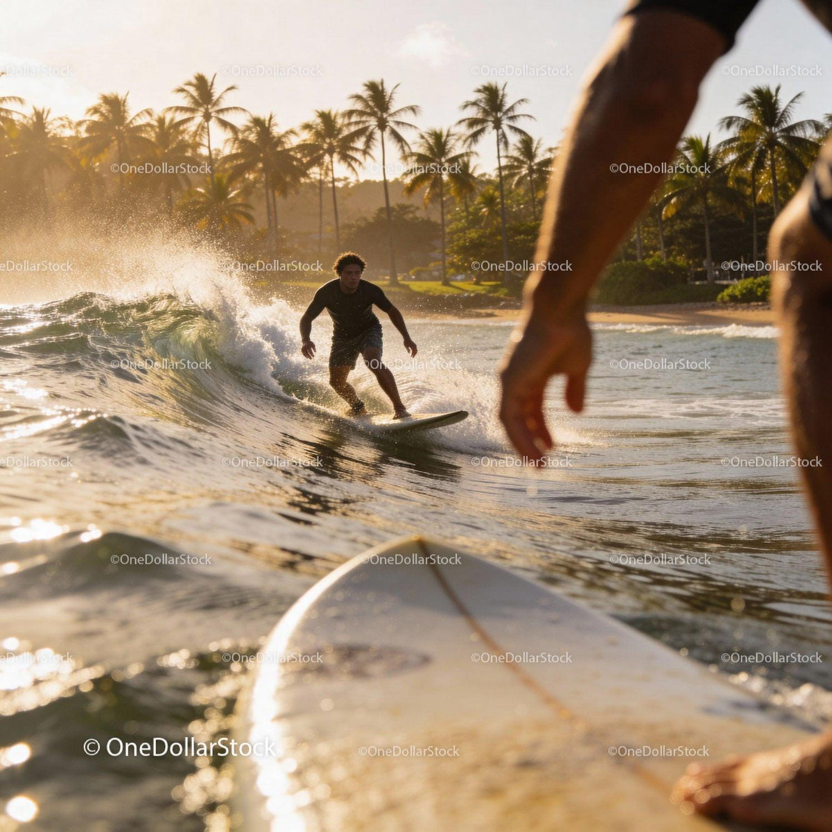 Surfers catching waves at golden hour by tropical shore