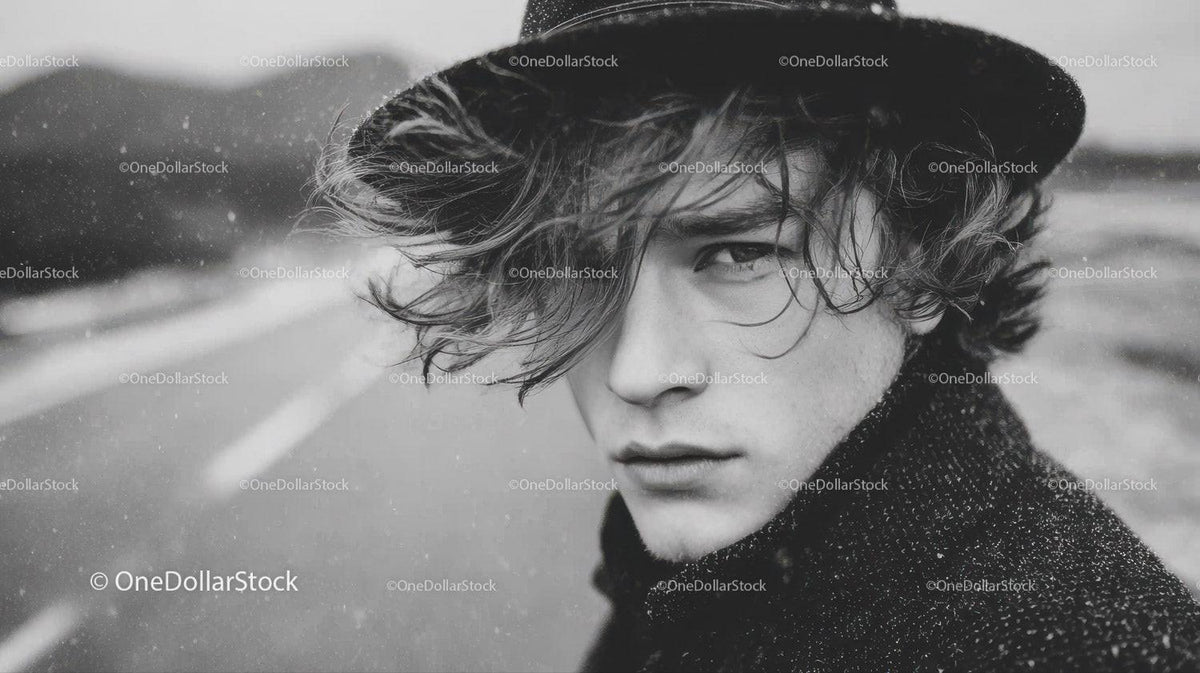 Black and White Portrait of Young Man with Wet Hair and Intense Gaze